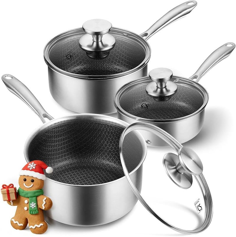 KOCH SYSTEME CS Hybrid Nonstick Stainless Steel Saucepan Set, 6-Piece Triply Stainless Steel Saucepan Set with Hybrid Honeycomb Interior, 1QT & 2QT & 3QT Sauce Pans, Induction Ready, Steel Pot Set - Image 1